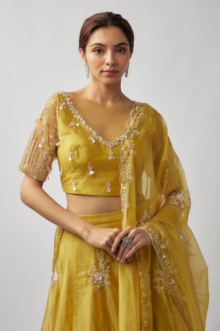 Shop FATIZ Yellow Tissue, Georgette, Tulle Cut Work, Hand Embroidered Blouse Lehenga Set Online at Aza Fashions Shop_FATIZ_Yellow Tissue, Georgette, Tulle Cut Work, Hand Embroidered Blouse Lehenga Set _Online_at_Aza_Fashions