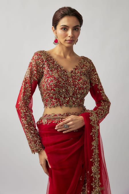 FATIZ_Red Tulle Zari, Embroidery V-neck Hand Saree Set _Online_at_Aza_Fashions