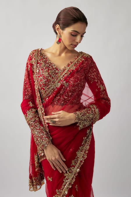 Buy_FATIZ_Red Tulle Zari, Embroidery V-neck Hand Saree Set _Online_at_Aza_Fashions