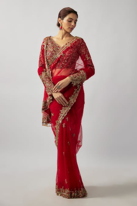 Shop_FATIZ_Red Tulle Zari, Embroidery V-neck Hand Saree Set _Online_at_Aza_Fashions