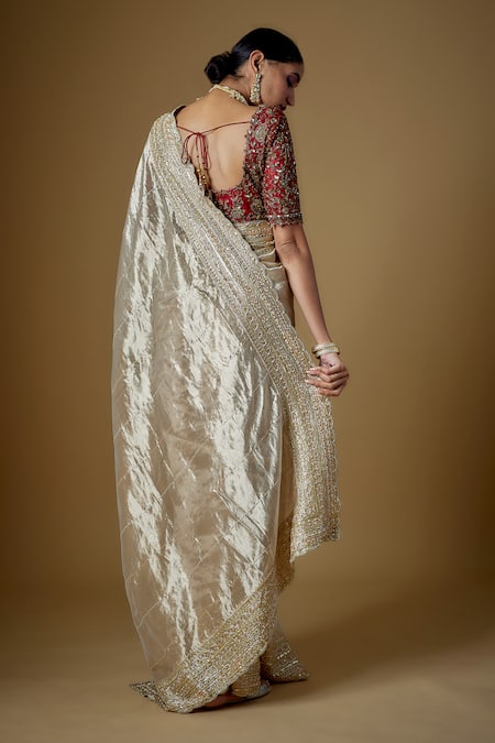 Shop_Fatiz_Gold Tulle, Silk, Handloom Cotton Embroidery Boat Neck Hand Saree With Blouse _at_Aza_Fashions