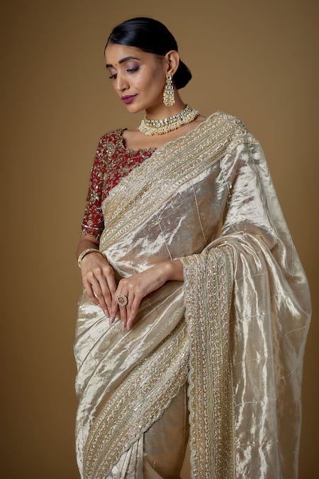 Fatiz_Gold Tulle, Silk, Handloom Cotton Embroidery Boat Neck Hand Saree With Blouse _Online_at_Aza_Fashions