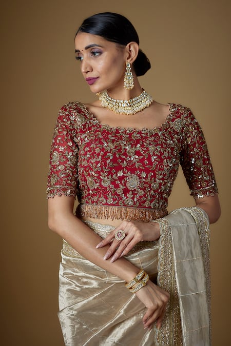 Buy_Fatiz_Gold Tulle, Silk, Handloom Cotton Embroidery Boat Neck Hand Saree With Blouse _Online_at_Aza_Fashions