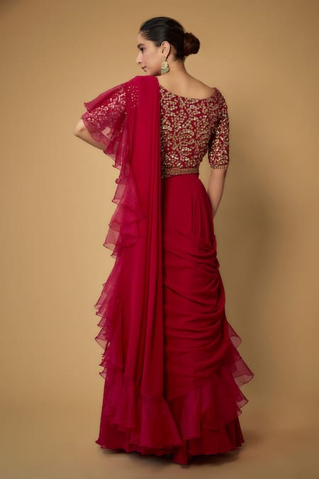 FATIZ Ruffled Lehenga Saree With Embroidered Blouse 