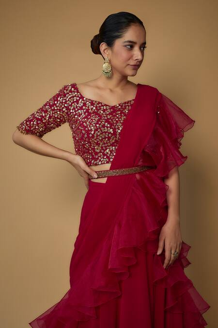 FATIZ_Pink Organza, Georgette Sequins Ruffled Lehenga Saree With Embroidered Blouse _Online_at_Aza_Fashions