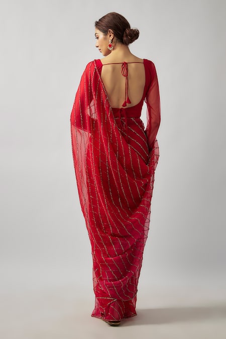 Shop FATIZ Red Tulle, Organza Beads, Embroidery Leaf Hand Pre-draped Saree With Blouse at Aza Fashions Shop_FATIZ_Red Tulle, Organza Beads, Embroidery Leaf Hand Pre-draped Saree With Blouse _at_Aza_Fashions