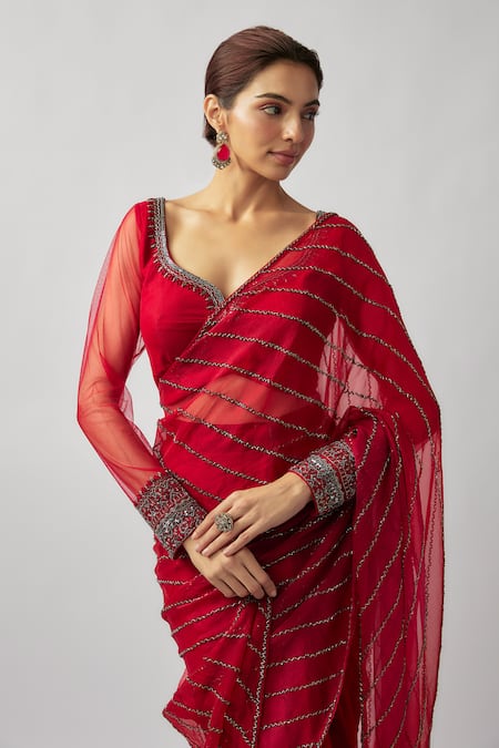 FATIZ Red Tulle, Organza Beads, Embroidery Leaf Hand Pre-draped Saree With Blouse Online at Aza Fashions FATIZ_Red Tulle, Organza Beads, Embroidery Leaf Hand Pre-draped Saree With Blouse _Online_at_Aza_Fashions