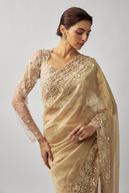 FATIZ_Gold Tulle, Tissue, Silk Beads, Embroidery, Pearls Hand Saree With Blouse _Online_at_Aza_Fashions