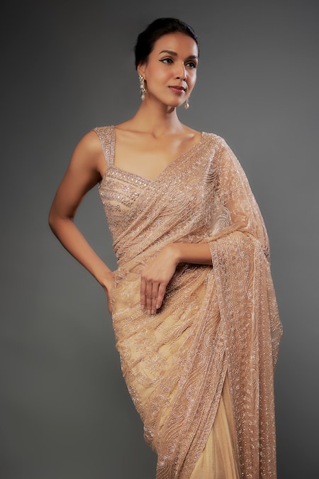Buy_FATIZ_Rose Gold Tulle, Tissue, Georgette Hand Embroidered Pre-draped Saree With Blouse _Online_at_Aza_Fashions