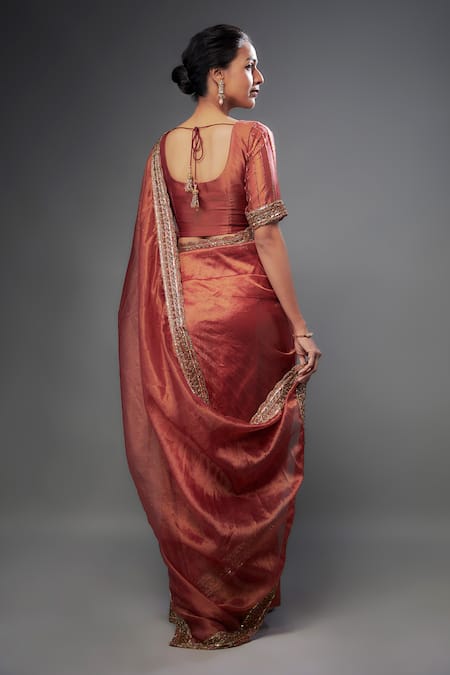 Shop FATIZ Orange Organza, Tissue Cut Work Cutdana Hand Embroidered Saree With Blouse at Aza Fashions Shop_FATIZ_Orange Organza, Tissue Cut Work Cutdana Hand Embroidered Saree With Blouse _at_Aza_Fashions