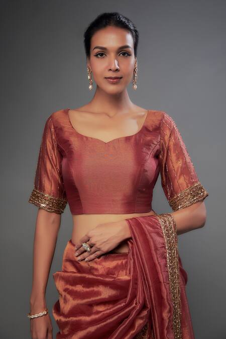 FATIZ Orange Organza, Tissue Cut Work Cutdana Hand Embroidered Saree With Blouse Online at Aza Fashions FATIZ_Orange Organza, Tissue Cut Work Cutdana Hand Embroidered Saree With Blouse _Online_at_Aza_Fashions