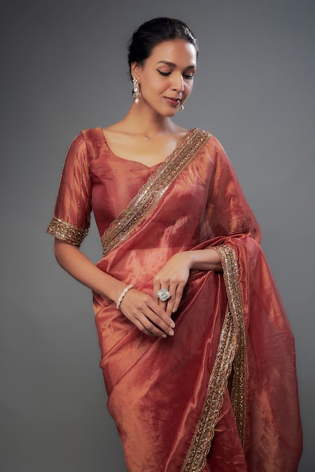 Buy FATIZ Orange Organza, Tissue Cut Work Cutdana Hand Embroidered Saree With Blouse Online at Aza Fashions Buy_FATIZ_Orange Organza, Tissue Cut Work Cutdana Hand Embroidered Saree With Blouse _Online_at_Aza_Fashions