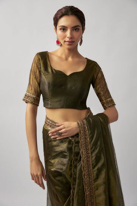 FATIZ_Green Organza, Tissue Cut Work Asymmetric Cutdana Embroidered Saree With Blouse_Online_at_Aza_Fashions
