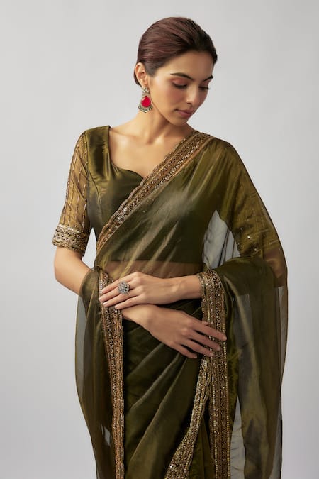 Buy_FATIZ_Green Organza, Tissue Cut Work Asymmetric Cutdana Embroidered Saree With Blouse_Online_at_Aza_Fashions