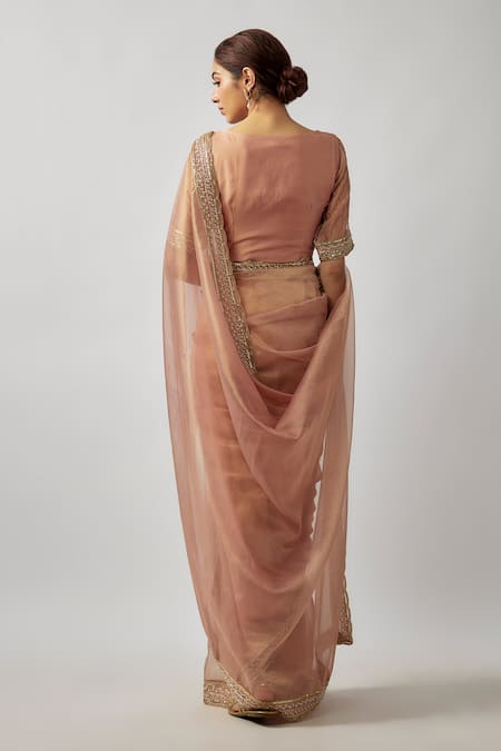 Shop FATIZ Pink Tissue, Organza Cut Work Asymmetric Cutdana Saree With Blouse at Aza Fashions Shop_FATIZ_Pink Tissue, Organza Cut Work Asymmetric Cutdana Saree With Blouse _at_Aza_Fashions