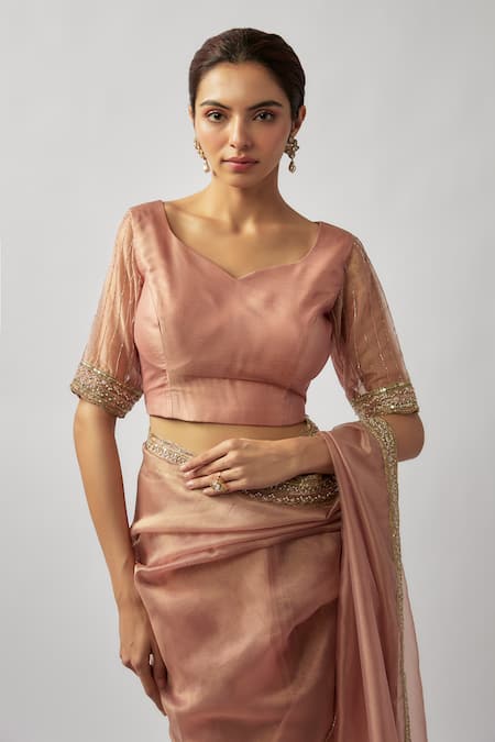 FATIZ Pink Tissue, Organza Cut Work Asymmetric Cutdana Saree With Blouse Online at Aza Fashions FATIZ_Pink Tissue, Organza Cut Work Asymmetric Cutdana Saree With Blouse _Online_at_Aza_Fashions