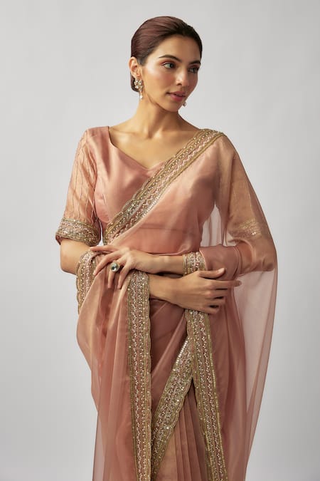 Buy FATIZ Pink Tissue, Organza Cut Work Asymmetric Cutdana Saree With Blouse Online at Aza Fashions Buy_FATIZ_Pink Tissue, Organza Cut Work Asymmetric Cutdana Saree With Blouse _Online_at_Aza_Fashions