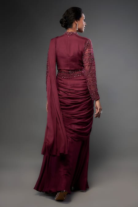 Shop_Fatiz_Maroon Sequins, Cut Work Hand Embroidered Gown Saree _at_Aza_Fashions