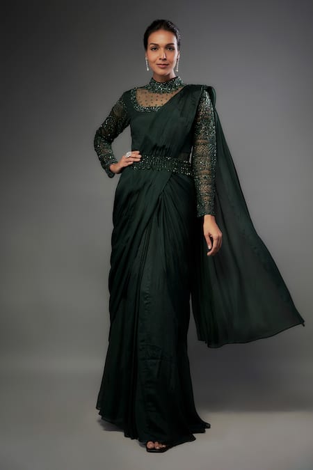 FATIZ Tonal Embroidered Saree Gown With Belt 