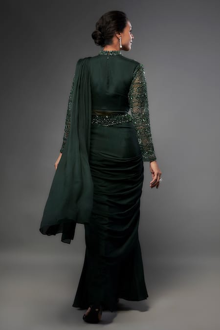 Shop_Fatiz_Green Crepe Cut Work High Neck Bottle Embroidered Saree Gown _at_Aza_Fashions