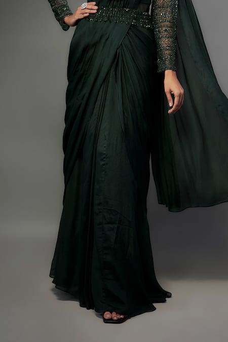 Fatiz_Green Crepe Cut Work High Neck Bottle Embroidered Saree Gown _Online_at_Aza_Fashions