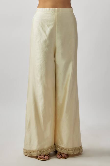 FATIZ_Ivory Silk, Crepe Sequins Split V-neck Straight Kurta And Pant Set_Online_at_Aza_Fashions