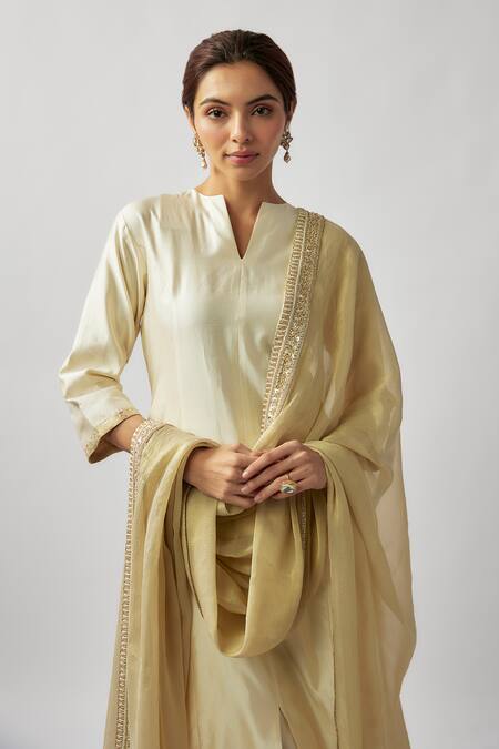 Buy_FATIZ_Ivory Silk, Crepe Sequins Split V-neck Straight Kurta And Pant Set_Online_at_Aza_Fashions