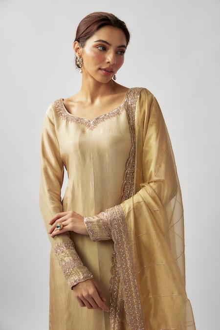 Buy_FATIZ_Gold Tissue, Georgette, Organza Placement Embellished Kurta Palazzo Set _Online_at_Aza_Fashions