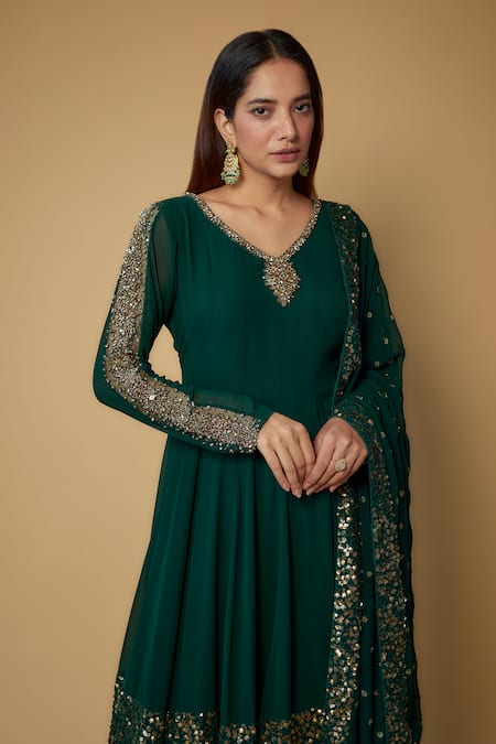 FATIZ_Green Georgette, Lycra Crystals, Placement Embellished Anarkali Pant Set _Online_at_Aza_Fashions