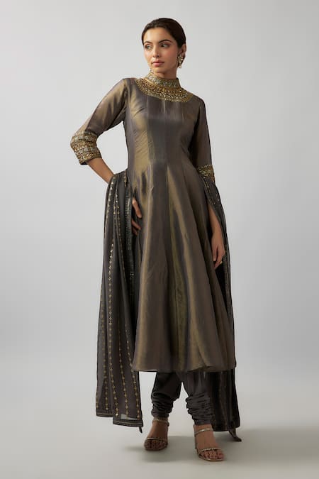 FATIZ Grey Georgette, Lycra, Tissue Sequins Jewel Embellished Yoke Anarkali Pant Set