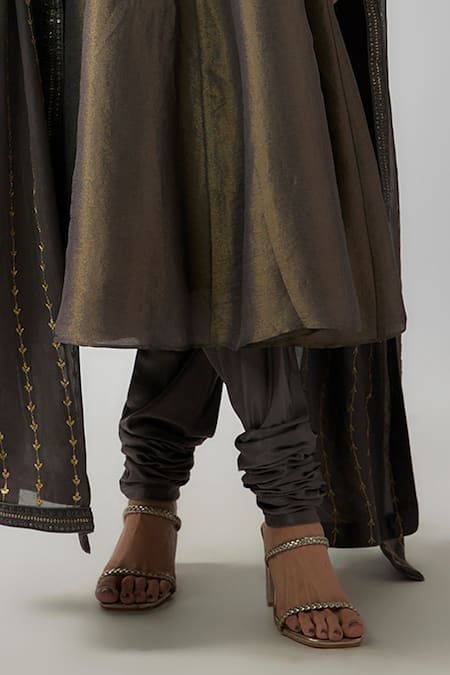 FATIZ_Grey Georgette, Lycra, Tissue Sequins Jewel Embellished Yoke Anarkali Pant Set _Online_at_Aza_Fashions