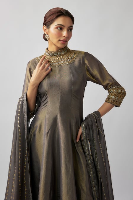Buy_FATIZ_Grey Georgette, Lycra, Tissue Sequins Jewel Embellished Yoke Anarkali Pant Set _Online_at_Aza_Fashions