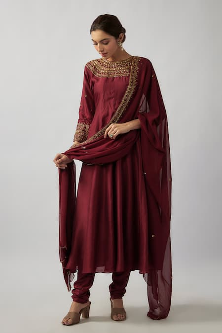 FATIZ Maroon Georgette, Lycra, Silk Sequins High Embellished Yoke Anarkali And Pant Set