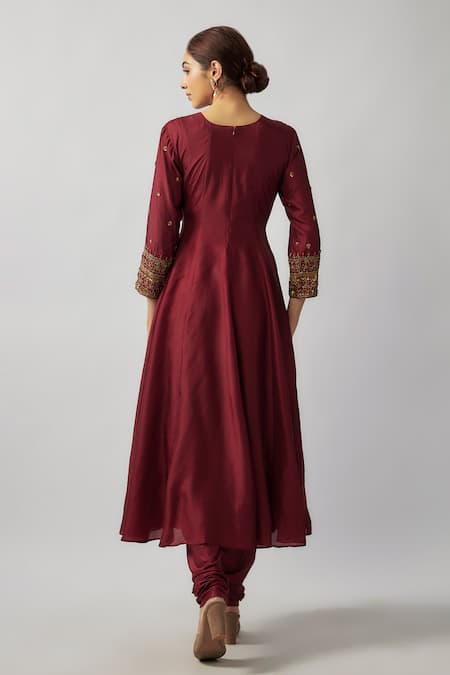 Shop FATIZ Maroon Georgette, Lycra, Silk Sequins High Embellished Yoke Anarkali And Pant Set at Aza Fashions Shop_FATIZ_Maroon Georgette, Lycra, Silk Sequins High Embellished Yoke Anarkali And Pant Set _at_Aza_Fashions