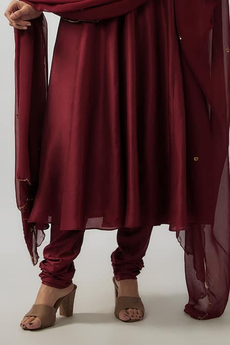 FATIZ Maroon Georgette, Lycra, Silk Sequins High Embellished Yoke Anarkali And Pant Set Online at Aza Fashions FATIZ_Maroon Georgette, Lycra, Silk Sequins High Embellished Yoke Anarkali And Pant Set _Online_at_Aza_Fashions