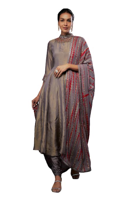 FATIZ_Grey Georgette, Lycra, Tissue Sequins, Glass Embellished Yoke Anarkali Pant Set _Online_at_Aza_Fashions