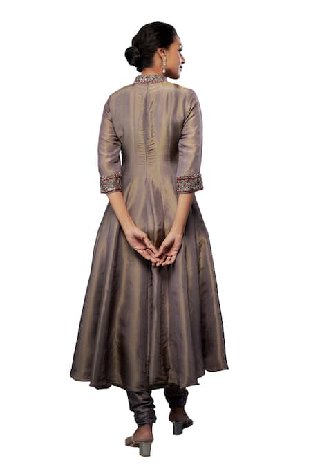 Buy_FATIZ_Grey Georgette, Lycra, Tissue Sequins, Glass Embellished Yoke Anarkali Pant Set _Online_at_Aza_Fashions