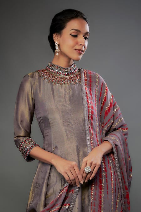 FATIZ_Grey Georgette, Lycra, Tissue Sequins, Glass Embellished Yoke Anarkali Pant Set _at_Aza_Fashions