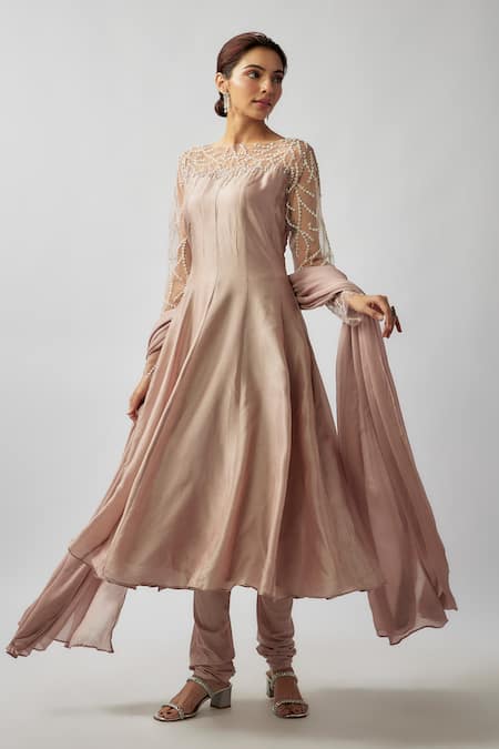 FATIZ Pearl Embroidered Yoke Anarkali Pant Set 