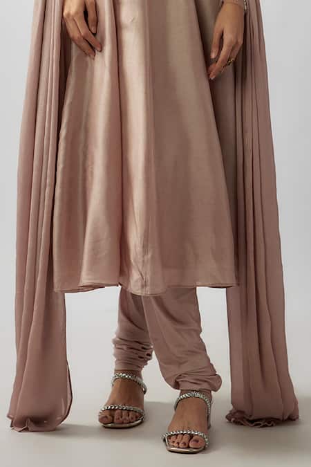 FATIZ_Pink Chiffon, Silk, Lycra Pearls, Stones Embroidered Yoke Anarkali Pant Set _Online_at_Aza_Fashions