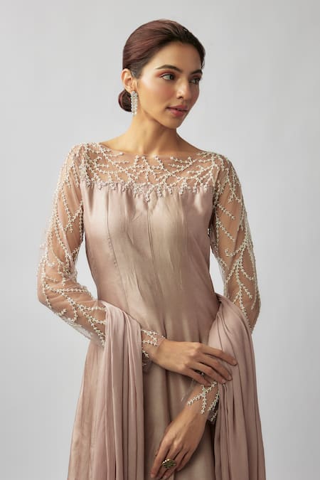 Buy_FATIZ_Pink Chiffon, Silk, Lycra Pearls, Stones Embroidered Yoke Anarkali Pant Set _Online_at_Aza_Fashions