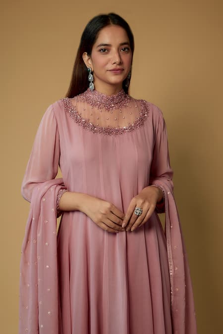 FATIZ_Pink Georgette, Lycra Sequins, Embroidery High Neck Yoke Anarkali Pant Set _Online_at_Aza_Fashions