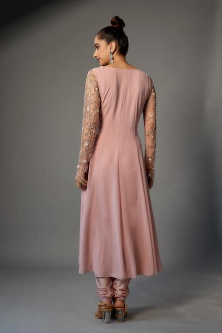 Shop FATIZ Pink Georgette, Chiffon, Lycra Flower Vine Embellished Yoke Anarkali Pant Set at Aza Fashions Shop_FATIZ_Pink Georgette, Chiffon, Lycra Flower Vine Embellished Yoke Anarkali Pant Set _at_Aza_Fashions