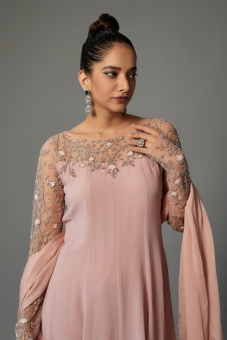 FATIZ Pink Georgette, Chiffon, Lycra Flower Vine Embellished Yoke Anarkali Pant Set Online at Aza Fashions FATIZ_Pink Georgette, Chiffon, Lycra Flower Vine Embellished Yoke Anarkali Pant Set _Online_at_Aza_Fashions