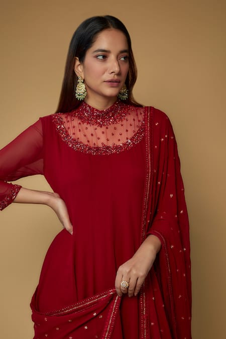 FATIZ_Red Georgette, Lycra Cut Work, Sequins Sheer Embellished Yoke Anarkali Pant Set _Online_at_Aza_Fashions