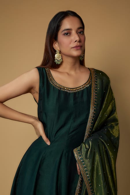 FATIZ_Green Tissue, Georgette, Lycra, Silk Zari, Sleeveless Anarkali And Pant Set _Online_at_Aza_Fashions