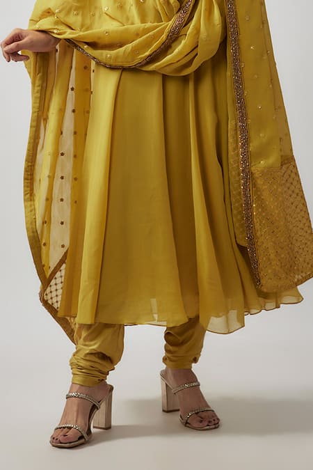 FATIZ Yellow Georgette, Lycra Beads, Sequins, Embellished Sleeve Anarkali Pant Set Online at Aza Fashions FATIZ_Yellow Georgette, Lycra Beads, Sequins, Embellished Sleeve Anarkali Pant Set _Online_at_Aza_Fashions