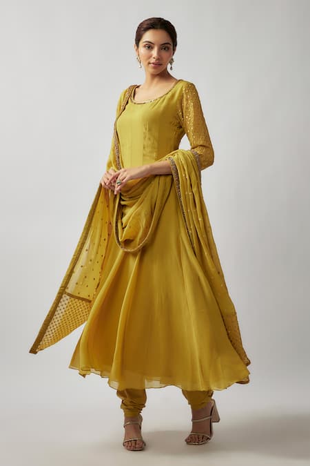 Buy FATIZ Yellow Georgette, Lycra Beads, Sequins, Embellished Sleeve Anarkali Pant Set Online at Aza Fashions Buy_FATIZ_Yellow Georgette, Lycra Beads, Sequins, Embellished Sleeve Anarkali Pant Set _Online_at_Aza_Fashions