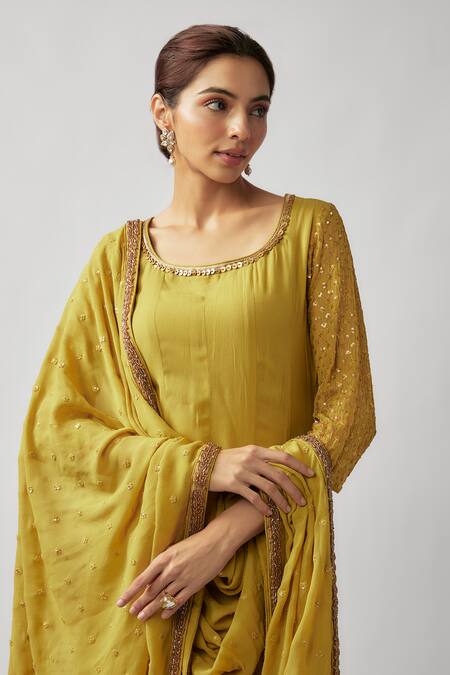 Shop FATIZ Yellow Georgette, Lycra Beads, Sequins, Embellished Sleeve Anarkali Pant Set Online at Aza Fashions Shop_FATIZ_Yellow Georgette, Lycra Beads, Sequins, Embellished Sleeve Anarkali Pant Set _Online_at_Aza_Fashions
