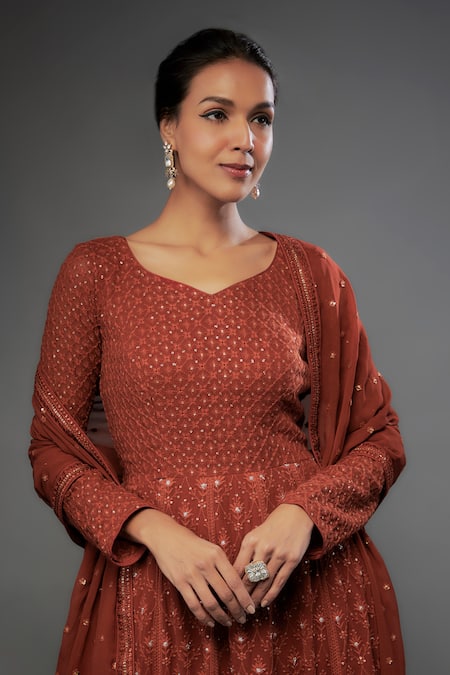 Buy_FATIZ_Orange Georgette, Lycra Embroidery Polo Floral Chikankari Anarkali Pant Set _Online_at_Aza_Fashions